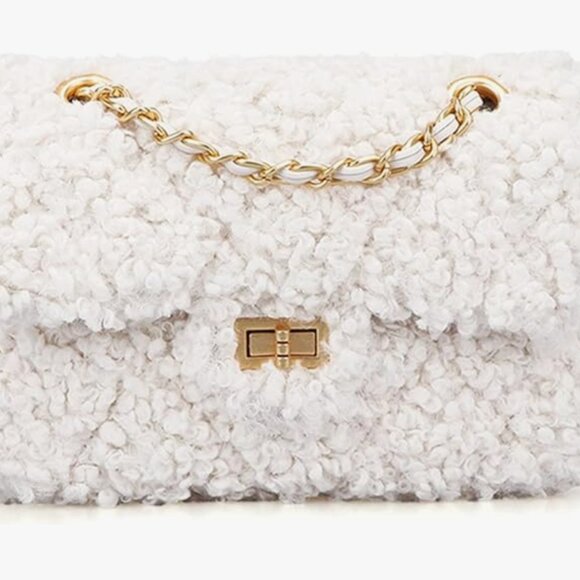 NWOT Cream Plush Shoulder Bag Fashion Fluffy Crossbody Purse Gold Hardware - Picture 2 of 10